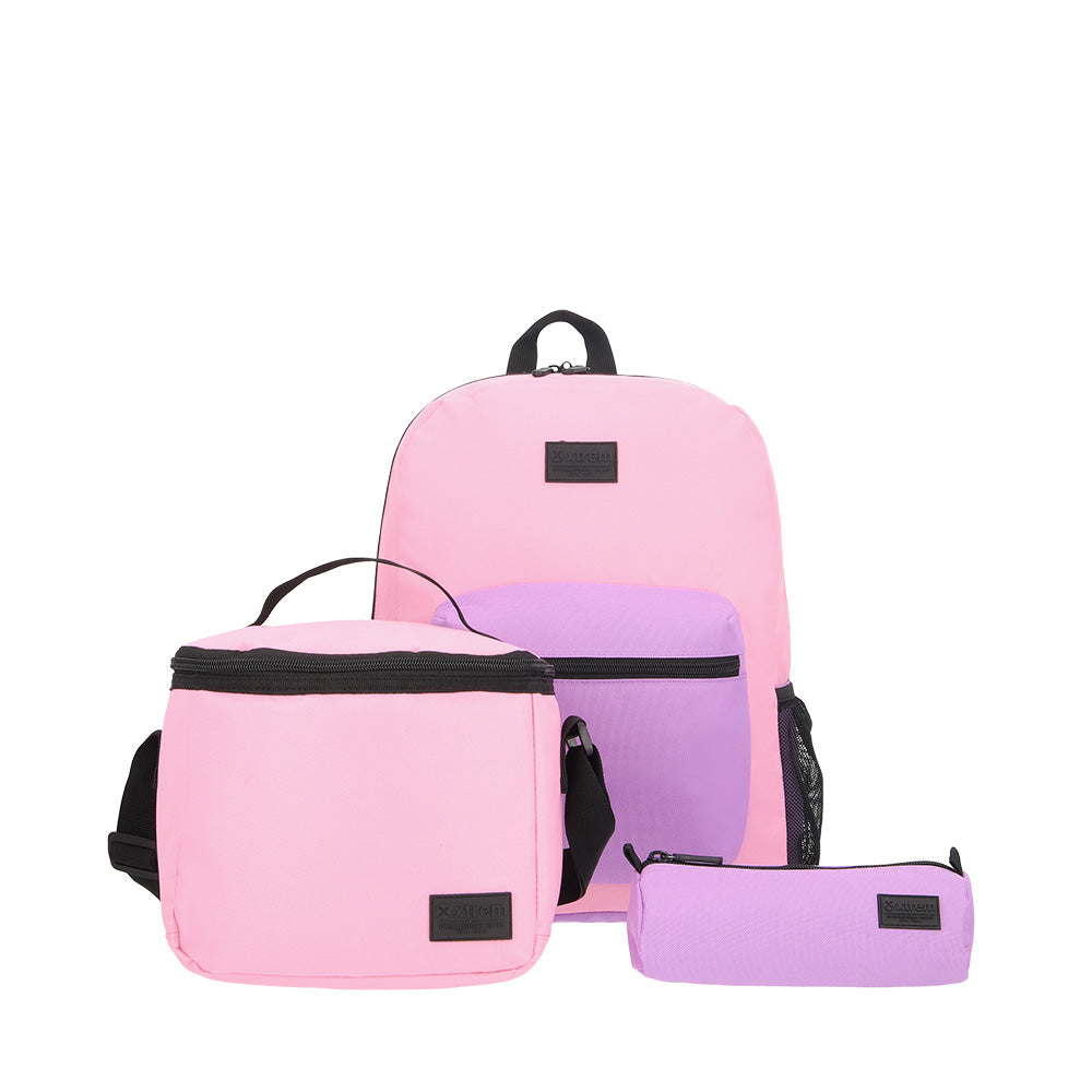 Pack Triple mochila urbana mujer + lonchera + estuche rosado/violeta